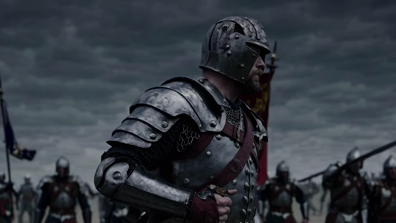 A dramatic low-angle shot of armored knights marching under a stormy sky, capturing a medieval