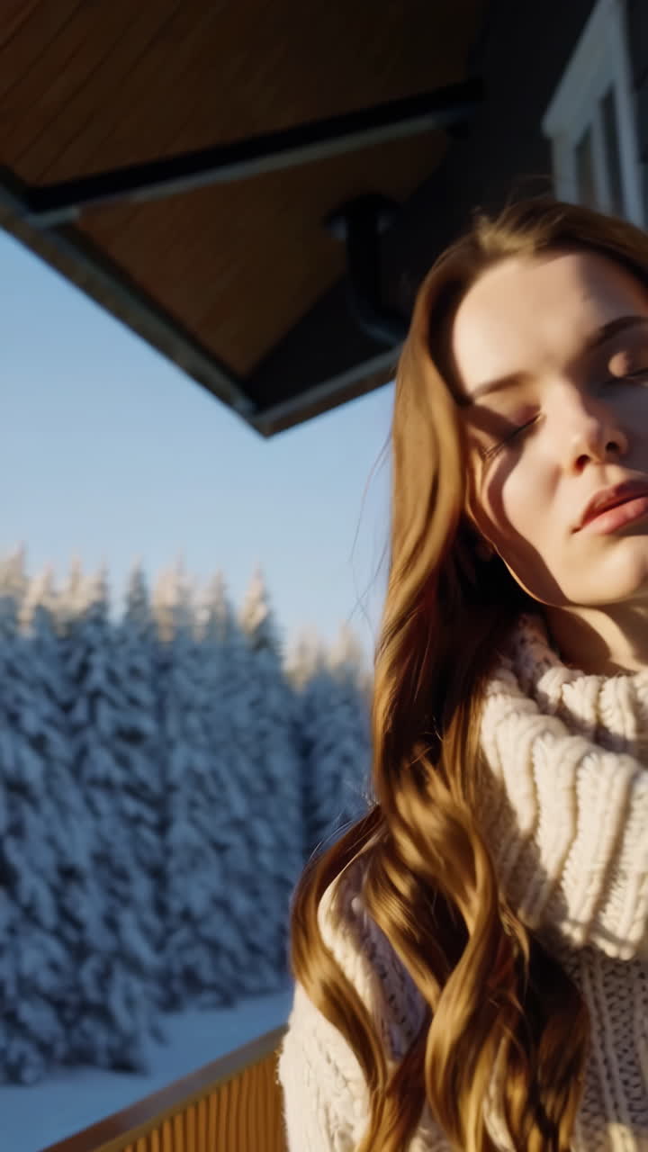 Woman in a cozy sweater enjoying winter sunlight on a balcony