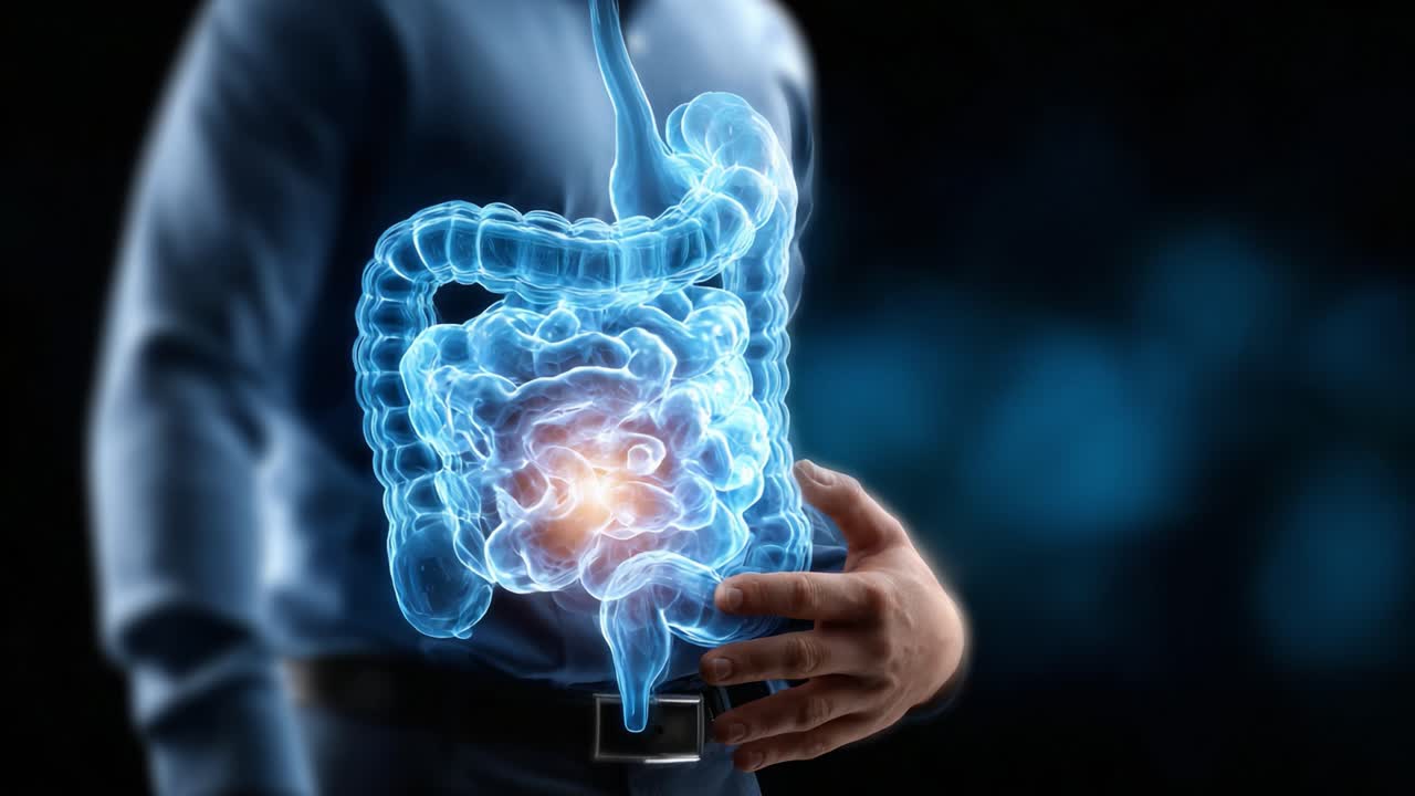 Una rappresentazione visiva del sistema digestivo umano che illustra complesse caratteristiche anatomiche e funzionalità con enfasi sulla salute intestinale.
