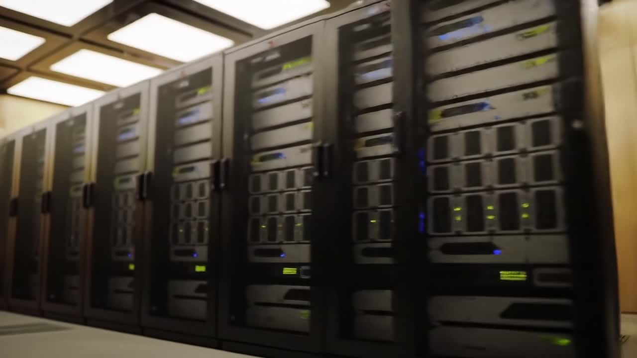 A Glimpse into the Heart of Data Management: Exploring a Modern Server Room Filled with High-Performance Computing Equipment and Advanced Storage Solutions