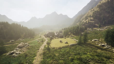 Scenic rural landscape with farm and mountains in daylight
