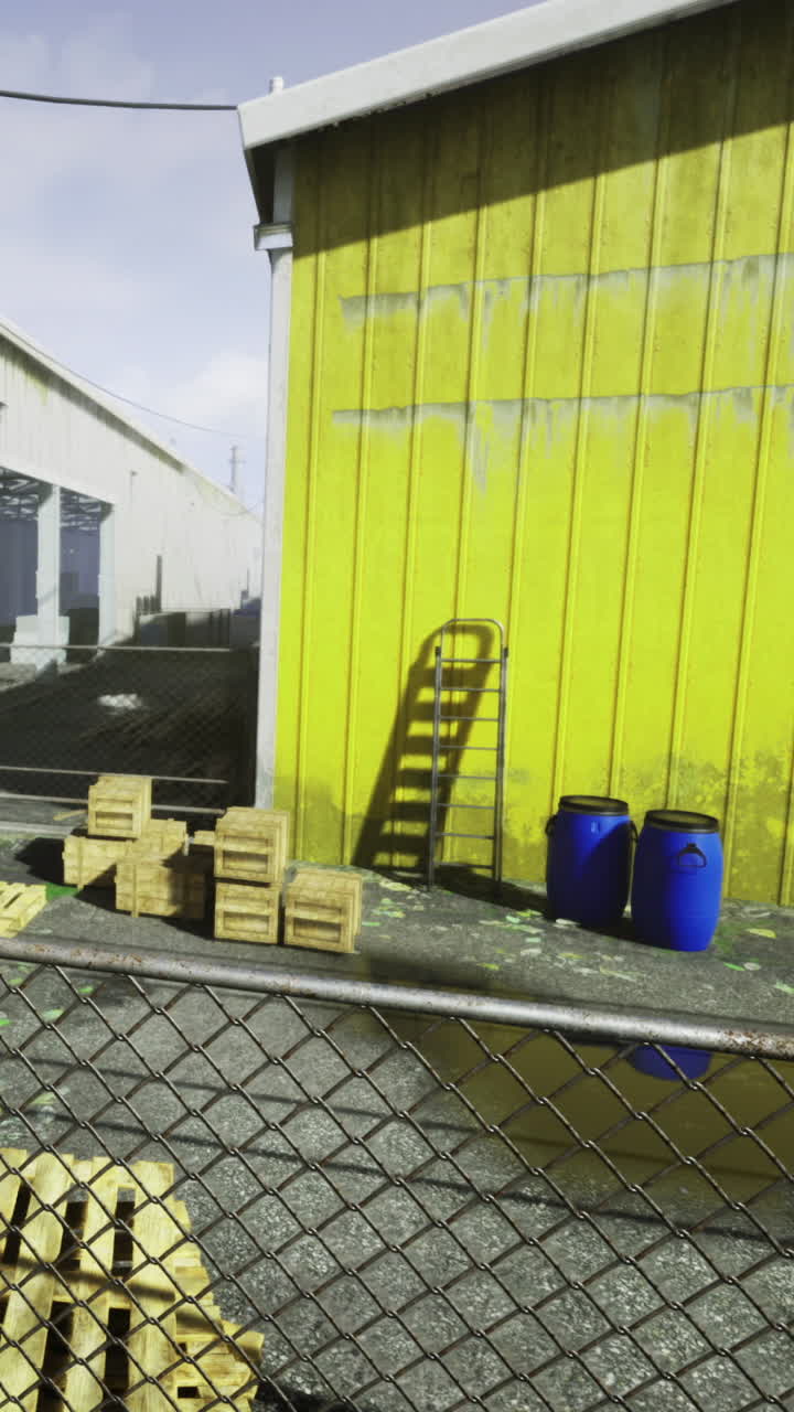 Pared industrial colorida con cajas y barriles cerca de una valla en un área de almacenamiento