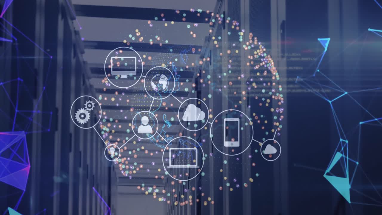 Animation of data processing and globe with icons over server room