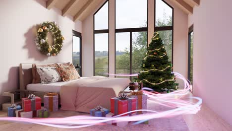 modern bedroom with christmas gifts and a decorated spruce - 3d interior design