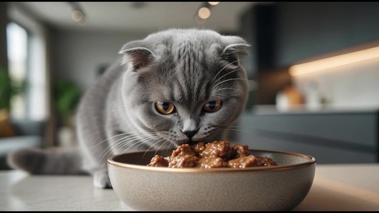 Scottish Fold kat spiser vådfoder fra en skål