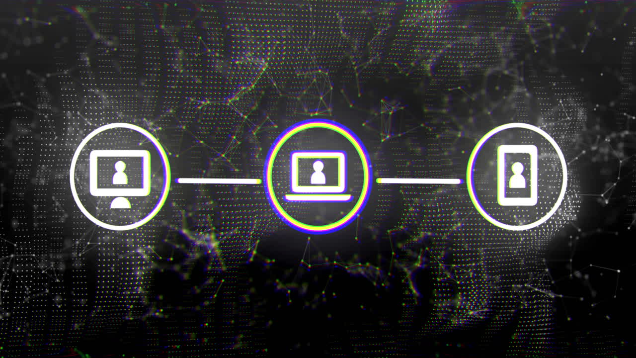 연결과 함께 검은색 배경에 아이콘의 애니메이션