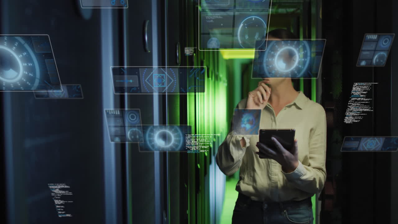 animación de procesamiento de datos sobre mujer de negocios caucásica por servidores informáticos