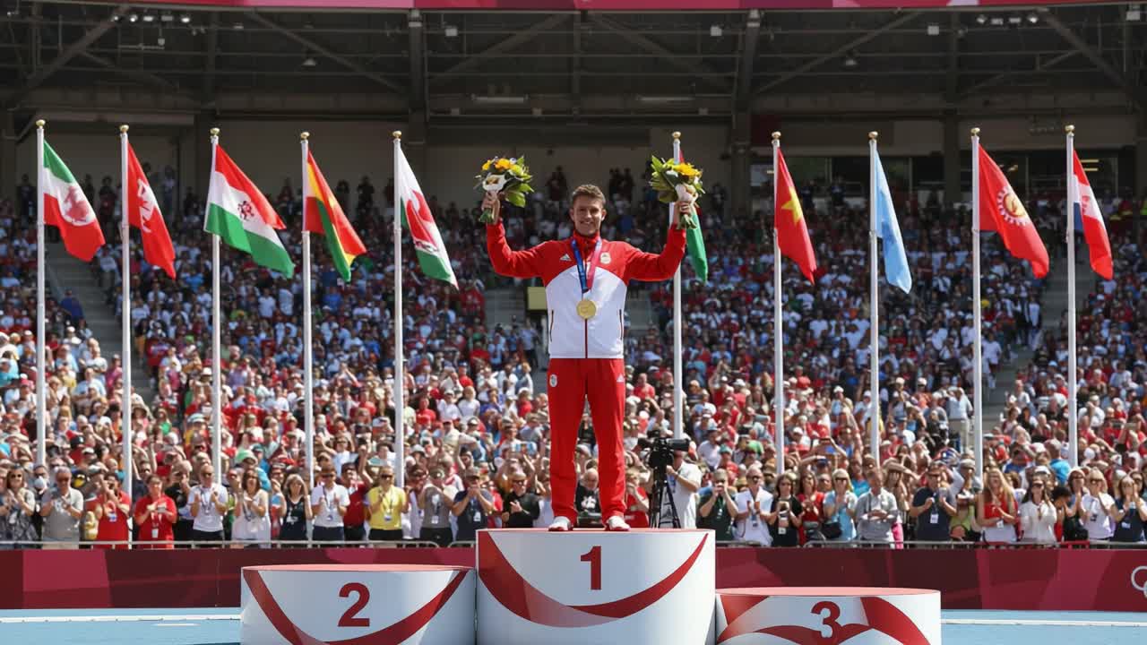 Victorious Athlete Celebrates Gold Medal Achievement on the Podium Surrounded by National Flags and an Enthusiastic Crowd Cheering in Joyful Support and Pride