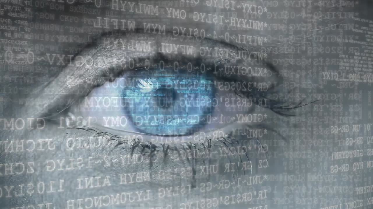 ojos azules que se abren a los códigos binarios