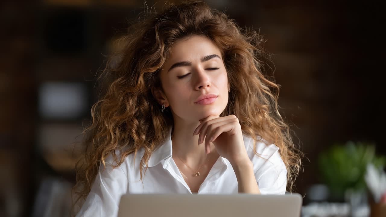 A Thoughtful Young Woman with Curly Hair Reflects While Working on Her Laptop in a Cozy Indoor Environment, Capturing Moments of Inspiration and Contemplation