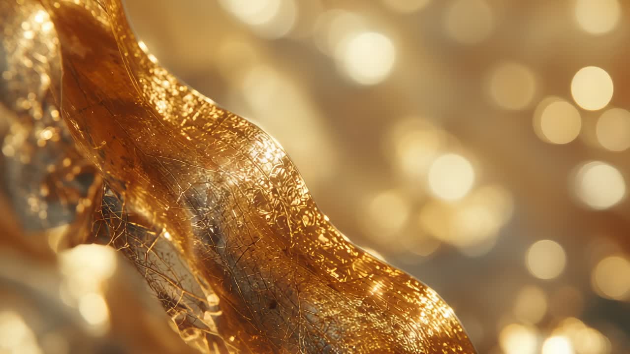 Undulating shimmering ribbon rotating after focus adjustment in studio, with bokeh lights