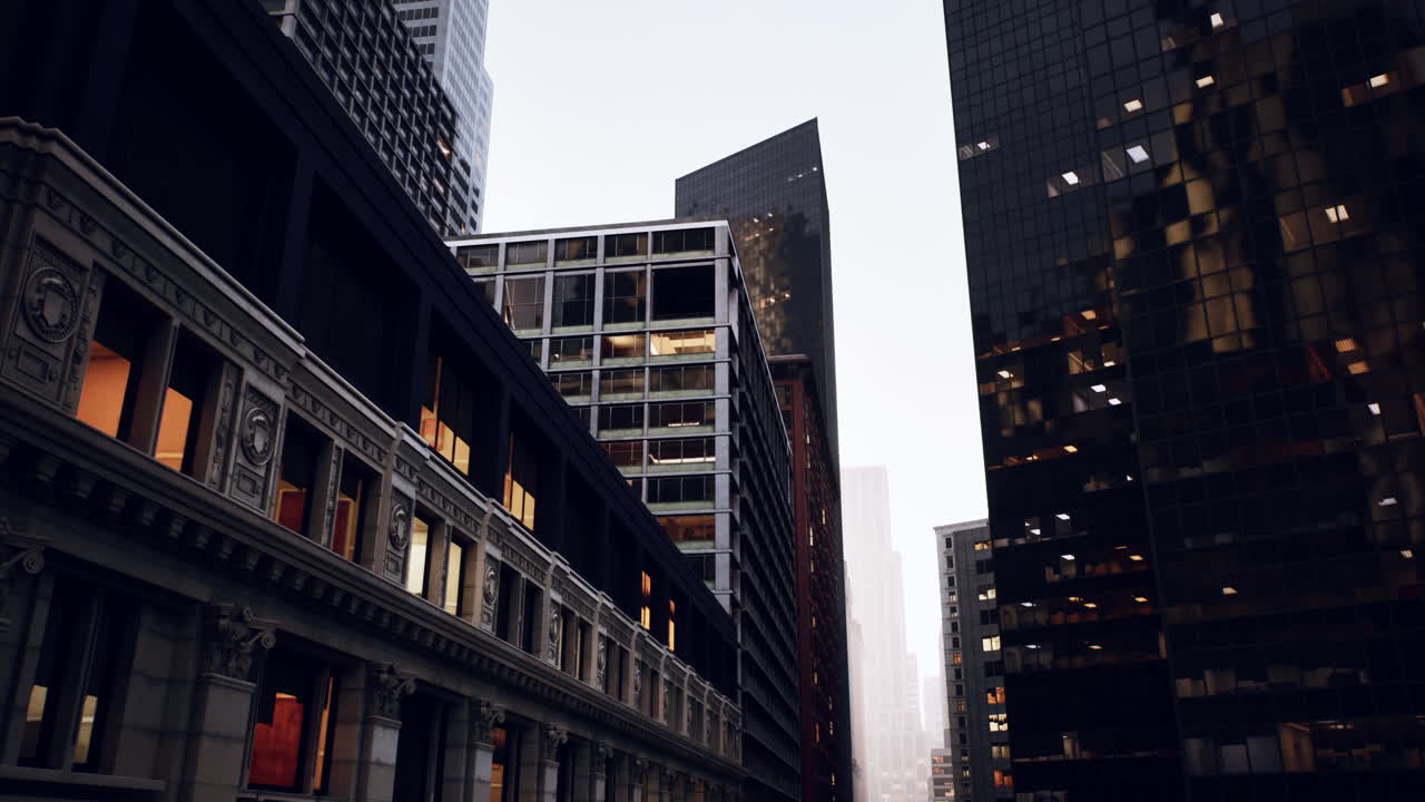 Drenched city avenue with shimmering puddles and illuminated glass facades