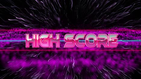 Animation-Von-Highscore-Text-über-Punktexplosion-Gegen-Punkte,-Die-Ein-Dynamisches-Wellenmuster-Bilden