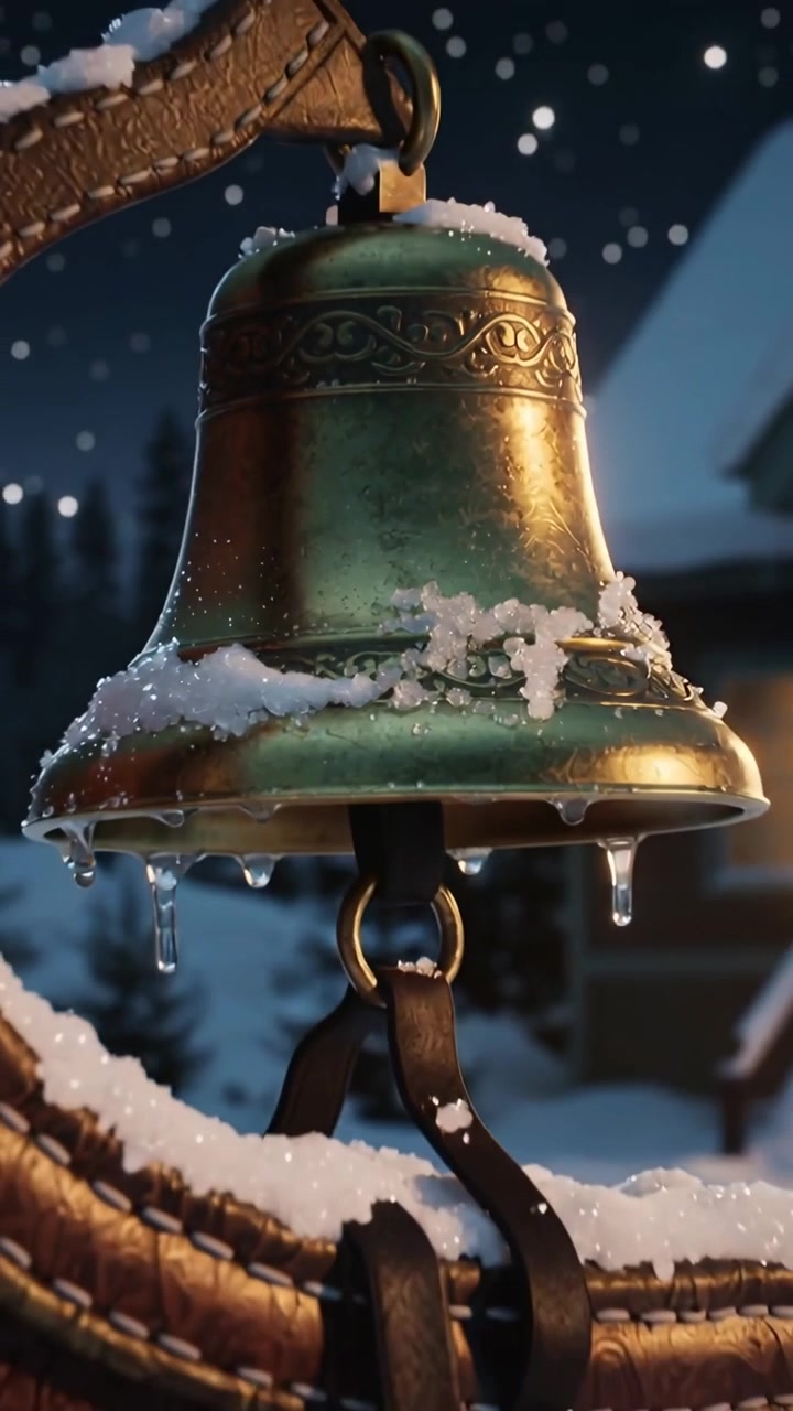 Video verticale: Mano guantata che spazza via la neve da una campana di ottone di notte, liberando il batacchio.