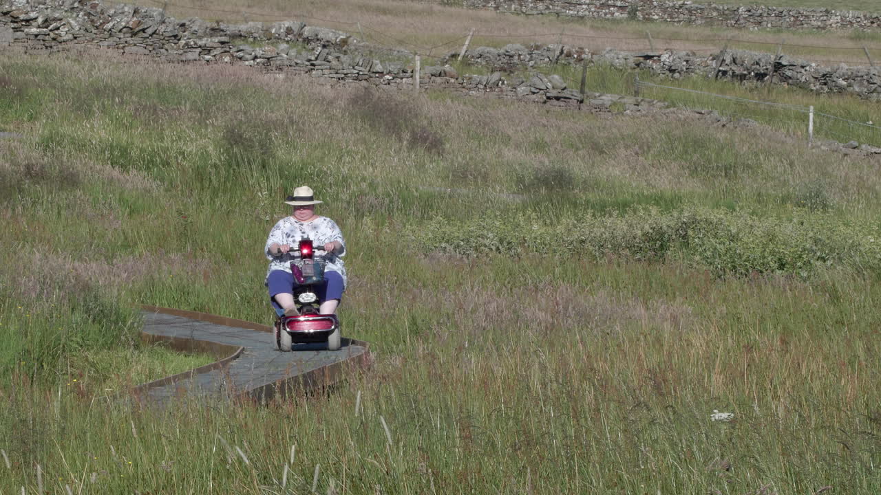 야외에서 자연을 즐기는 보드워크를 따라 이동하는 이동성 스쿠터를 탄 여성들