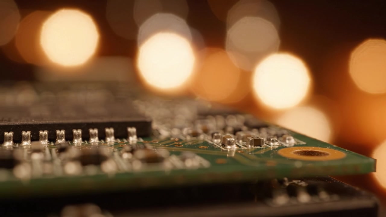 Close-Up of a Circuit Board with Blurred Lights in the Background, Showcasing Electronic Components and Intricate Design of Technology