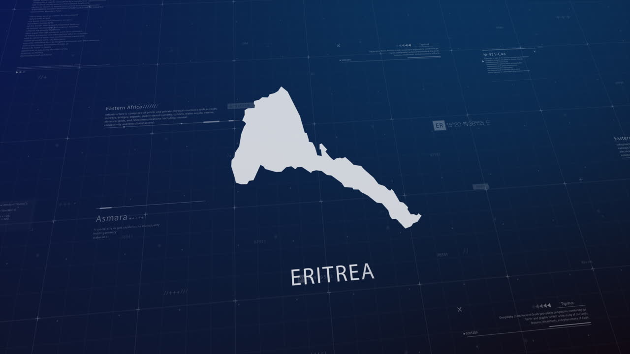 Eritrea country map comes to life with cinematic panning, unveiling key details, the capital, and slogan, providing an engaging background for corporate and commercial use