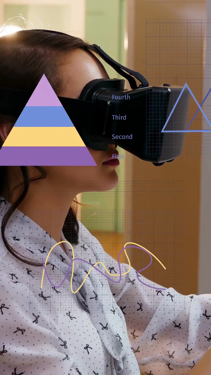 Vertical video: Woman putting on VR headset, starting tech charts and reviewing data, tracking hand