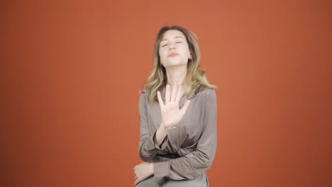 Fear-reaction-of-young-woman-looking-at-camera.-Coward-young-woman.