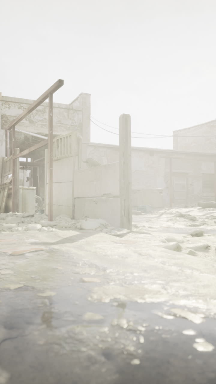 edificios abandonados en un paisaje nebuloso y post-apocalíptico