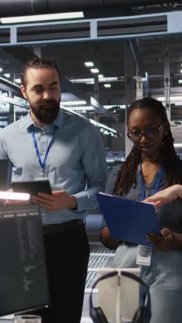 vertical video smiling engineering team in server room reviewing infrastructure diagnostics