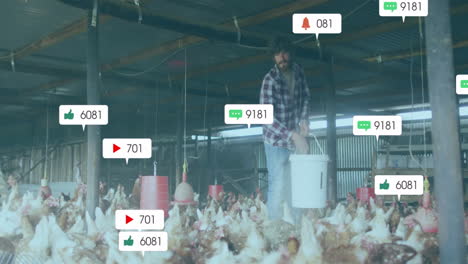 male farmer pouring feed to chickens from bucket on poultry farm, with floating social media icons