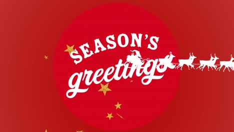 animation of christmas greetings text and santa claus in sleigh with reindeer on red background