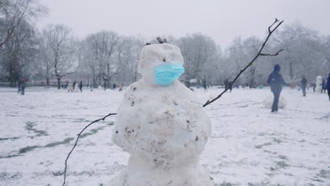 mid shot of a snowman during the corona pandemic in london.