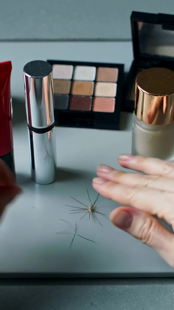 Vertical video: Entering hands lifting silver tube on gray vanity, picking hairs to tidy area