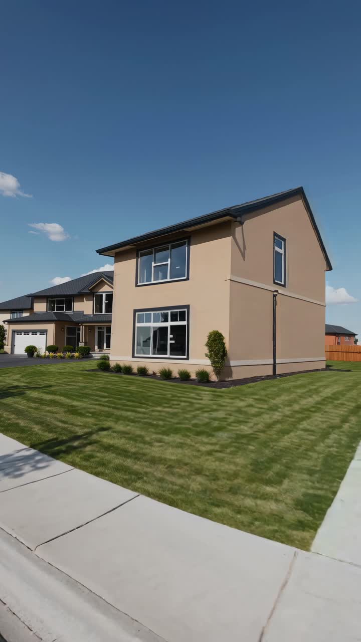 Wide-angle video shot of modern suburban homes under a clear blue sky, showcasing manicured lawns