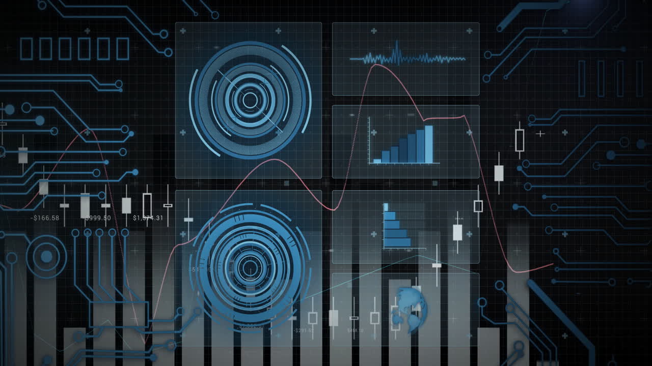 Displaying futuristic animation of data charts with circular patterns in school setting