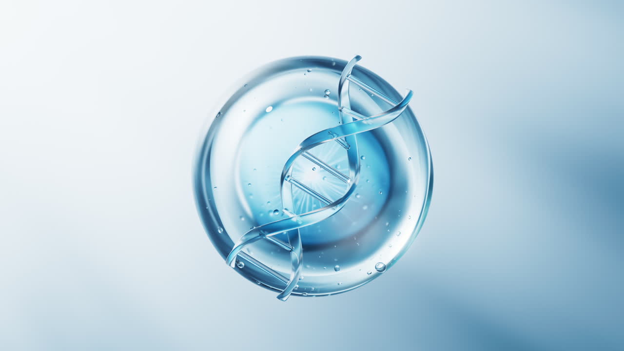 DNA biologico con sfondo a bolle d'acqua, rendering 3D