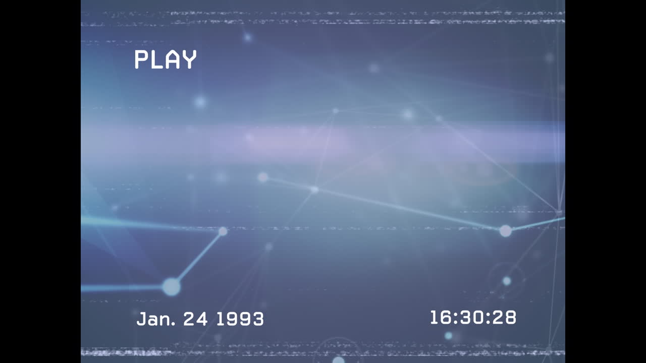 Animation of vhs glitch effect over network of connections against blue background