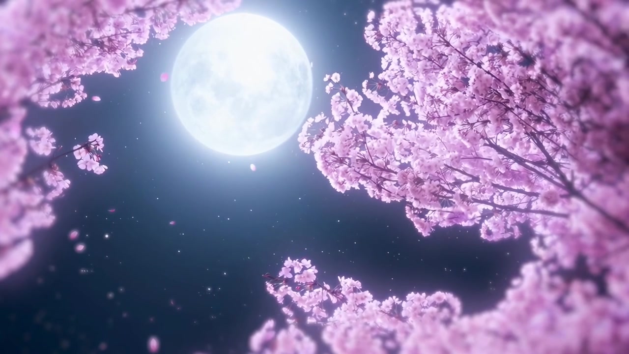 寧靜夜晚，滿月與飄落櫻花花瓣