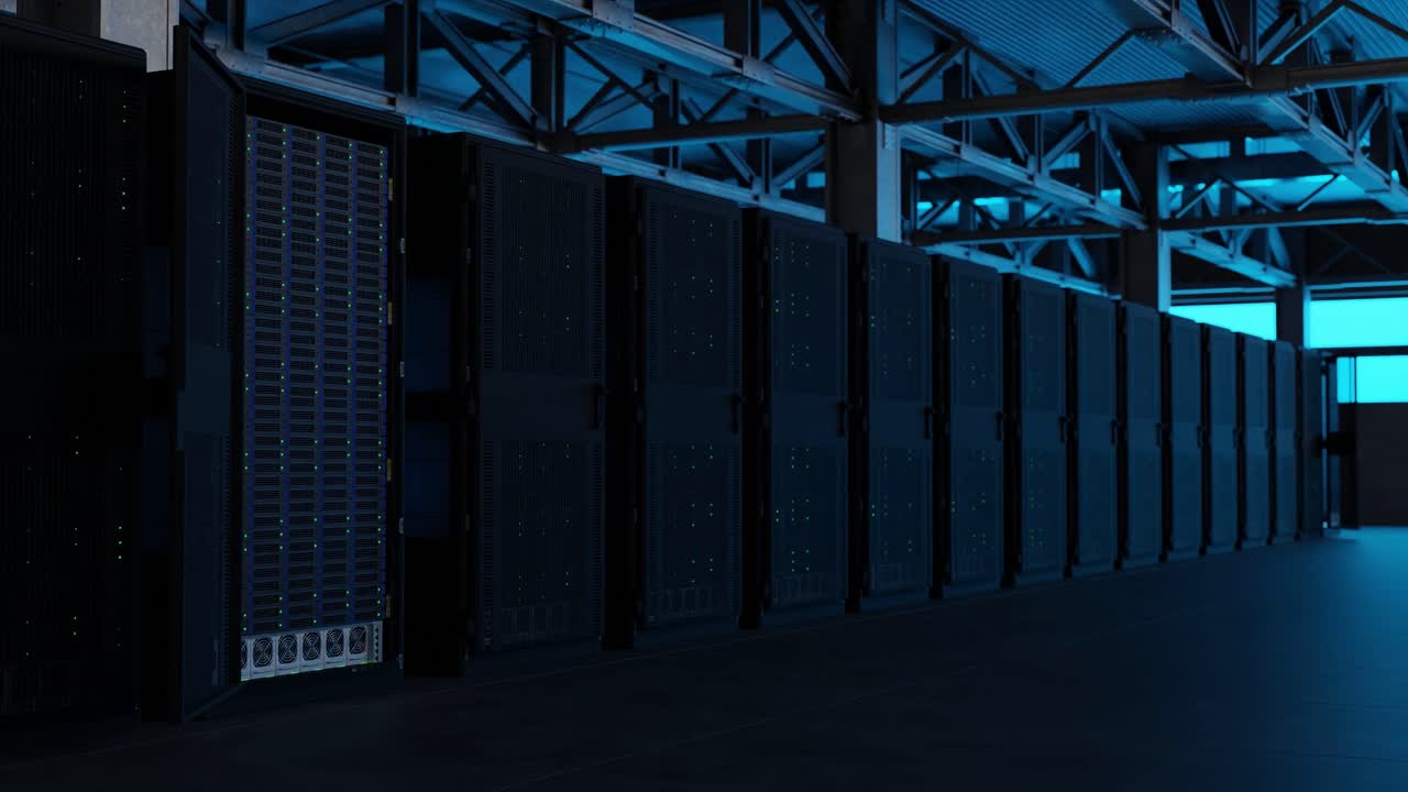 Row of black server racks in industrial data center with blue lighting and exposed ceiling. Cloud computing and digital storage infrastructure concept. Design for banner, poster, wallpaper