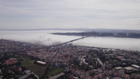 aerial circling shot of downtown on misty day