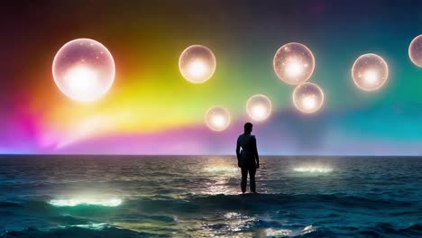 a solitary figure stands on a tranquil sea, gazing at glowing spheres in a vibrant, otherworldly sky.