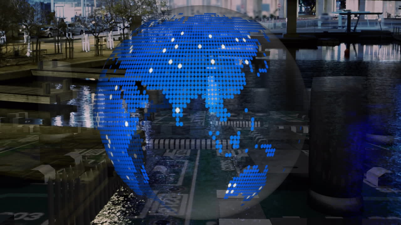 Animation of globe spinning over cityscape