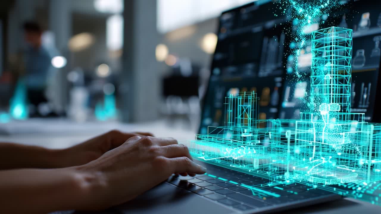 Exploring Digital Architecture: A Futuristic Interaction with 3D Models and Urban Designs on a Laptop, Showcasing the Fusion of Technology and Creativity in a Modern Workspace