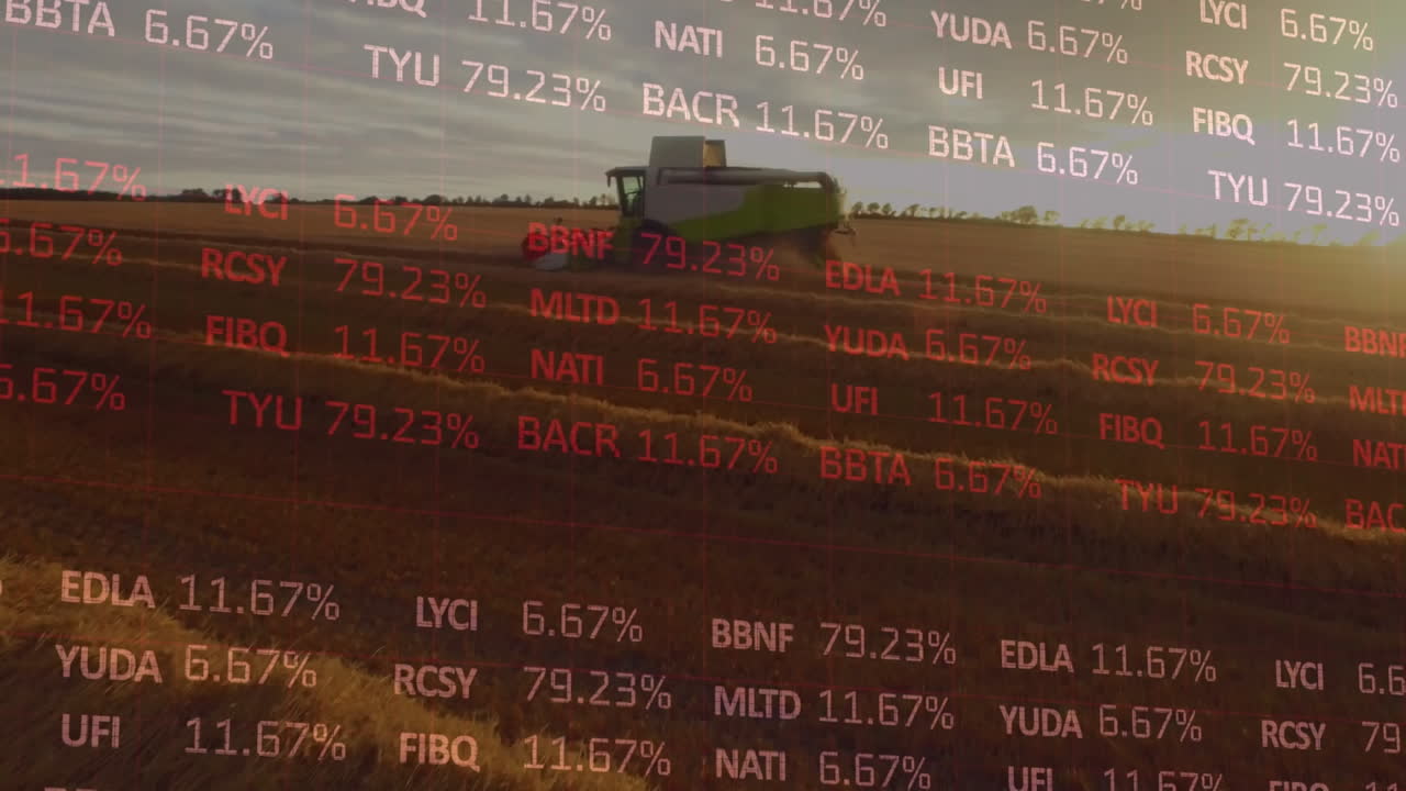 Animation af finansiel databehandling over en mejetærsker på en landbrugsmark.