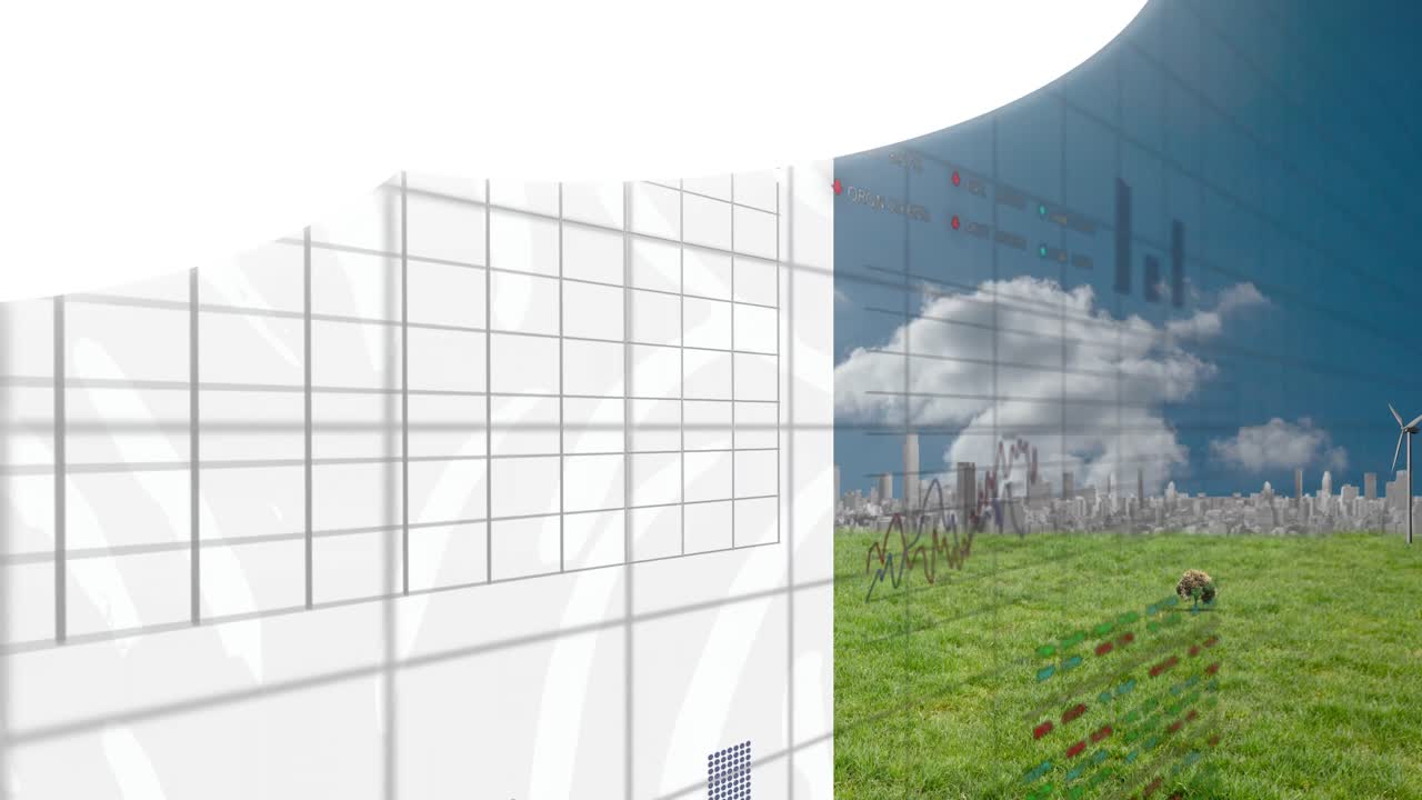 데이터 처리 및 도시 풍경에 대한 모양의 애니메이션