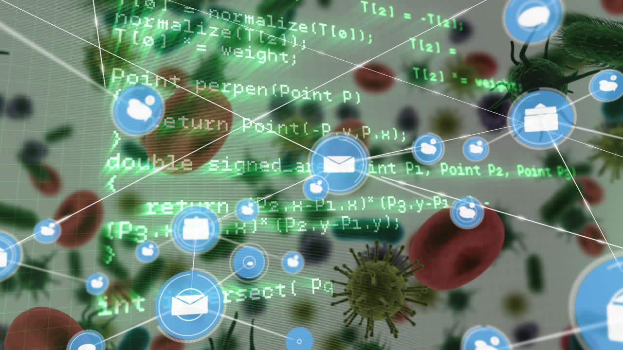 red de iconos digitales y procesamiento de datos contra células y vasos sanguíneos de covid-19
