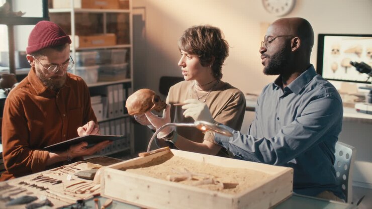 Gruppo di archeologi che analizzano un cranio e disegnano uno schizzo in laboratorio