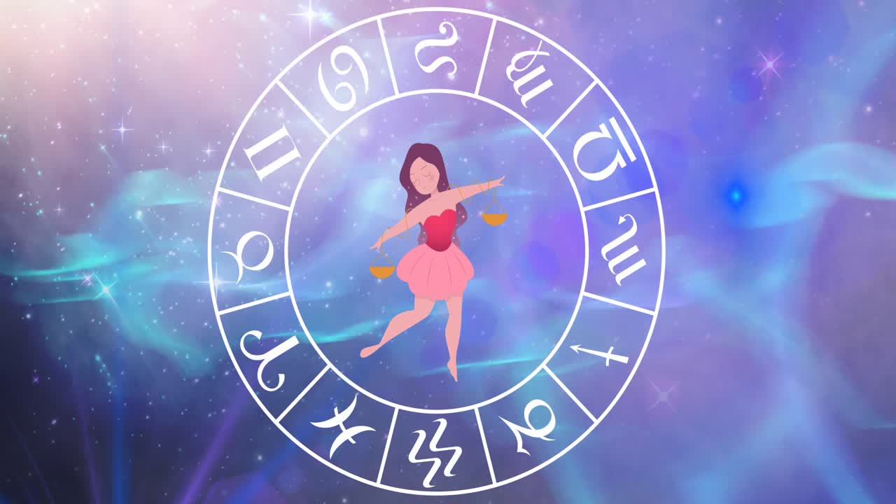 animación del signo estelar de libra con la rueda del horóscopo girando sobre las estrellas sobre un fondo azul a púrpura