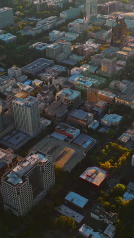 densely built architecture of beautiful sacramento in the rays of sun. drone footage over the city at daytime. vertical video