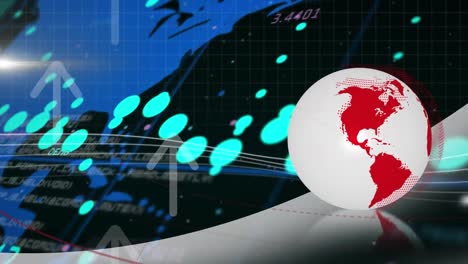 animación del globo rojo, gráfico azul y procesamiento sobre mapa del mundo azul sobre fondo negro