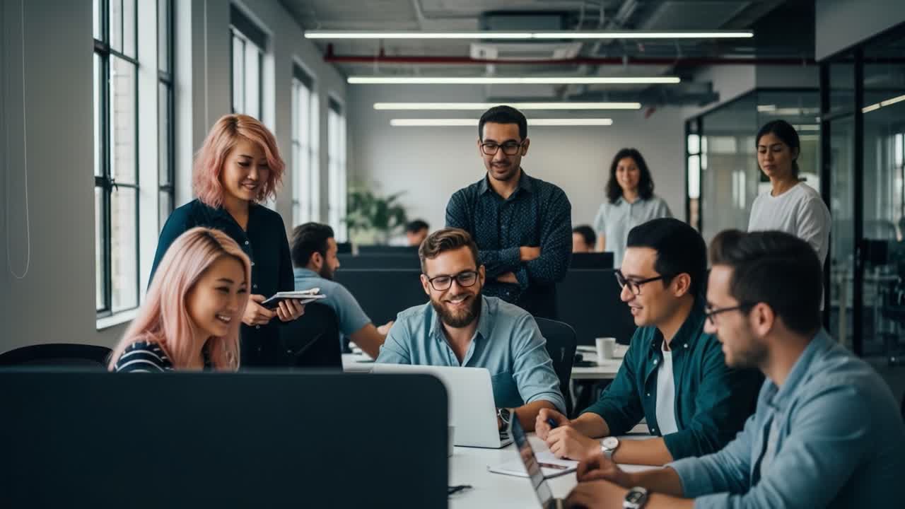 Et dynamisk team samarbejder i et moderne kontormiljø: Engagerende diskussion og interaktion blandt kolleger på arbejdspladsen.