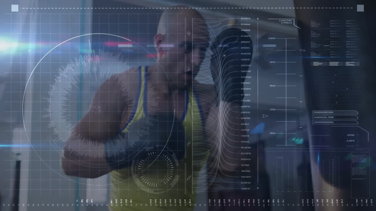 Athletic man delivering punch in modern gym, showing fitness HUD charts and numeric data streams