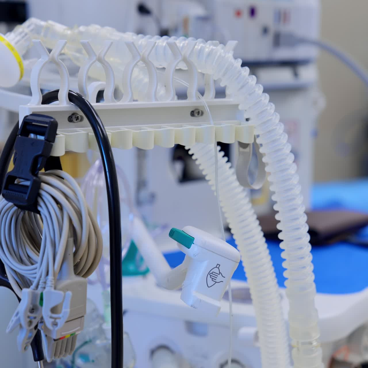 Components of modern surgical equipment in present day hospital. Tubes and wires of switched off ventilation apparatus close up