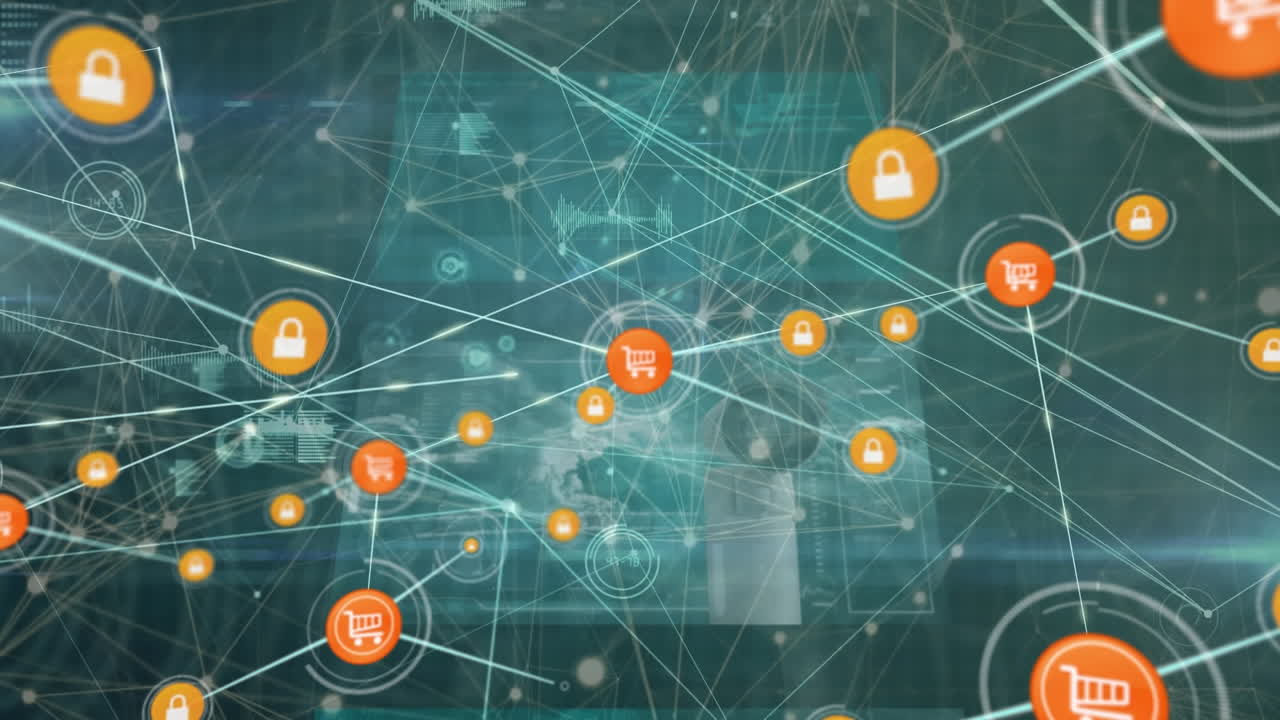 animación de la red de conexiones con iconos y procesamiento de datos sobre fondo negro